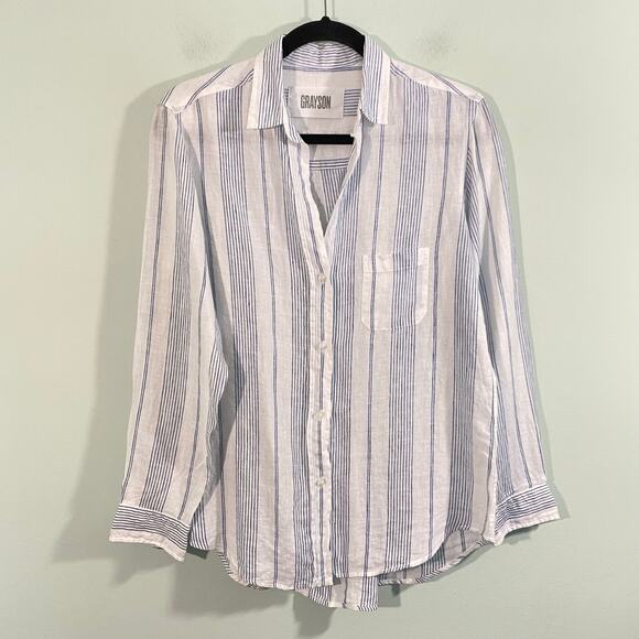 Grayson Women Blue & White Striped The Hero 100% Linen Button Up Shirt Sz 2 (S) - Picture 1 of 8